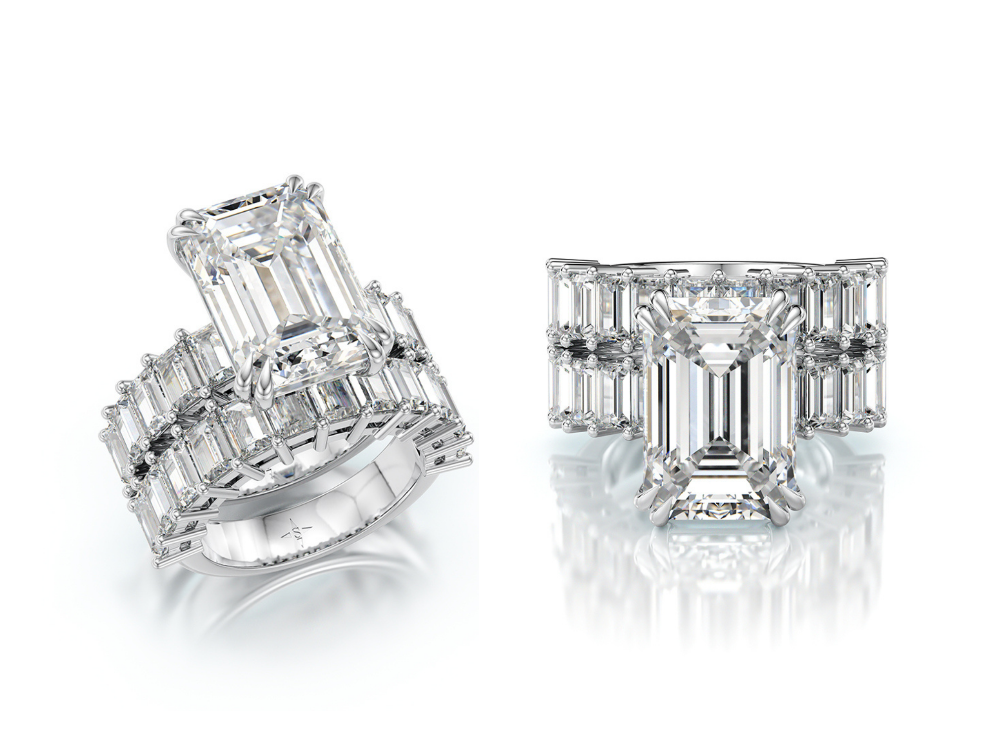Engagement & Wedding Rings made of 18K White Gold with a 9ct Radiant-Cut Diamond